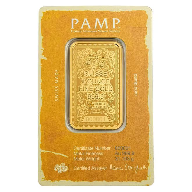 1 oz PAMP Suisse West Coast Kayaker Gold Bar .9999 Fine (in Assay)
