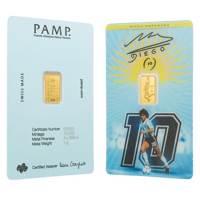 1 Gram PAMP Suisse Maradona Gold Bar .9999 Fine (in Assay)