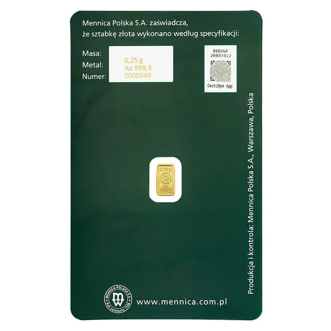 1/4 Gram Mint of Poland Gold Bar .9999 Fine (in Assay)