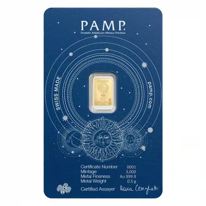 1/2 Gram PAMP Suisse Taurus Zodiac Gold Bar (in Assay)