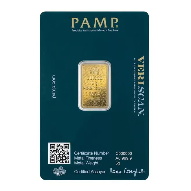 5 Gram Gold Bar PAMP Suisse Lady Fortuna 45th Ann (in Assay)