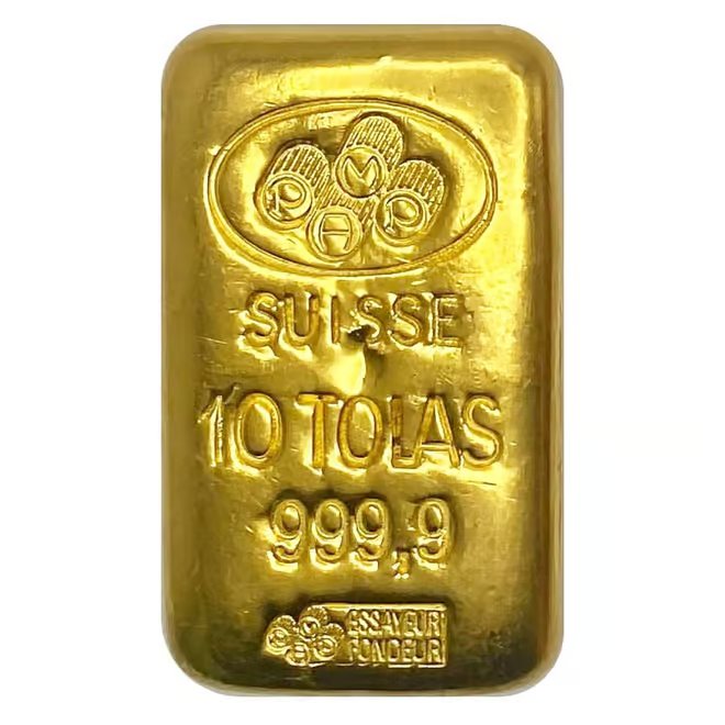 10 Tolas 3.75 oz Gold Cast Bar .999 Fine (Random Brand)