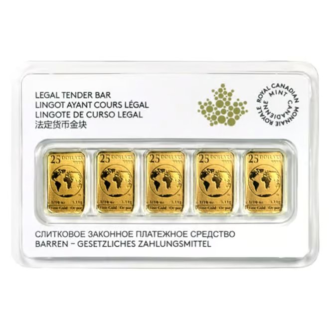 5 x 1/10 oz Gold Royal Canadian Mint RCM Legal Tender Bar Set .9999 Fine (In Assay)