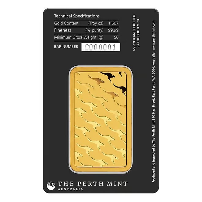 50 Gram Perth Mint Gold Bar .9999 Fine (in Assay)