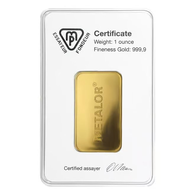 1 oz Metalor Gold Bar .9999 Fine (in Assay)