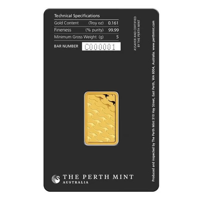5 Gram Perth Mint Gold Bar .9999 Fine (in Assay)