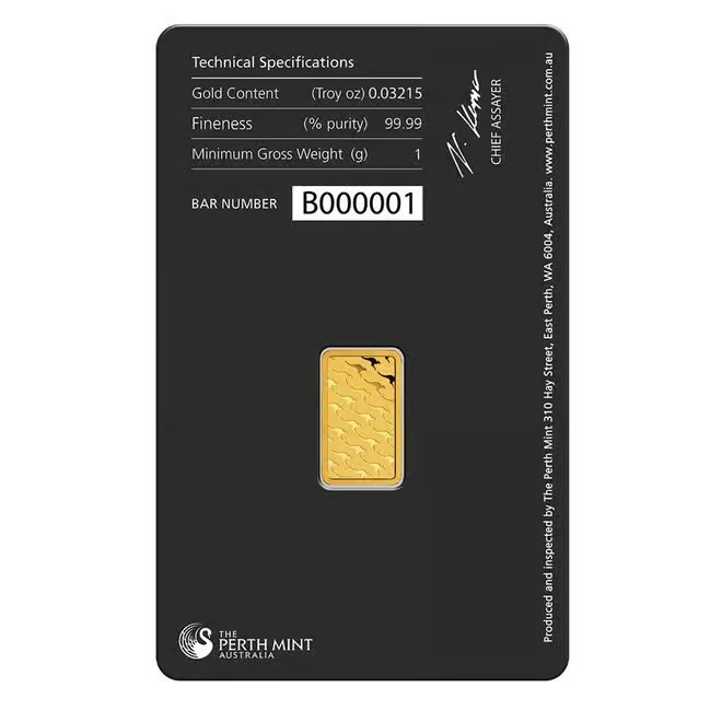 1 Gram Perth Mint Gold Bar .9999 Fine (in Assay)