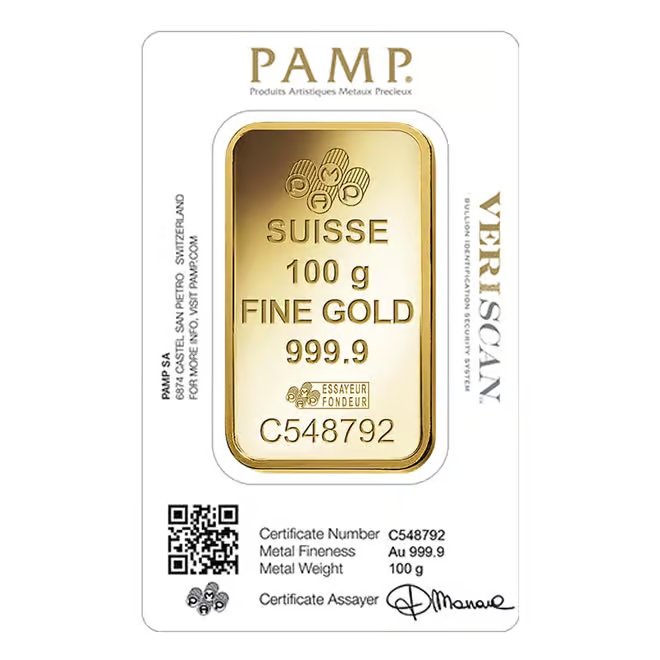 100 Gram Gold Bar PAMP Suisse Lady Fortuna Veriscan .9999 Fine (in Assay)