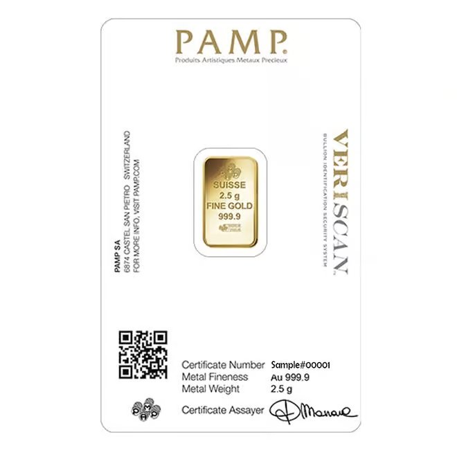 2.5 Gram Gold Bar PAMP Suisse Lady Fortuna Veriscan .9999 Fine (in Assay)