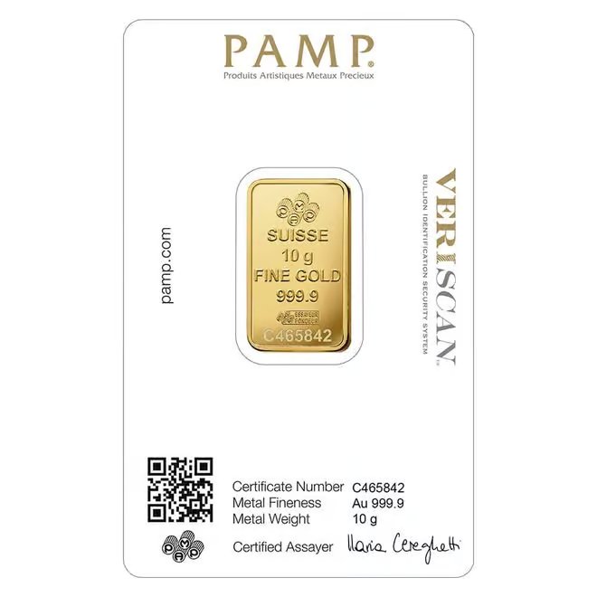 10 Gram Gold Bar PAMP Suisse Lady Fortuna Veriscan .9999 Fine (in Assay)