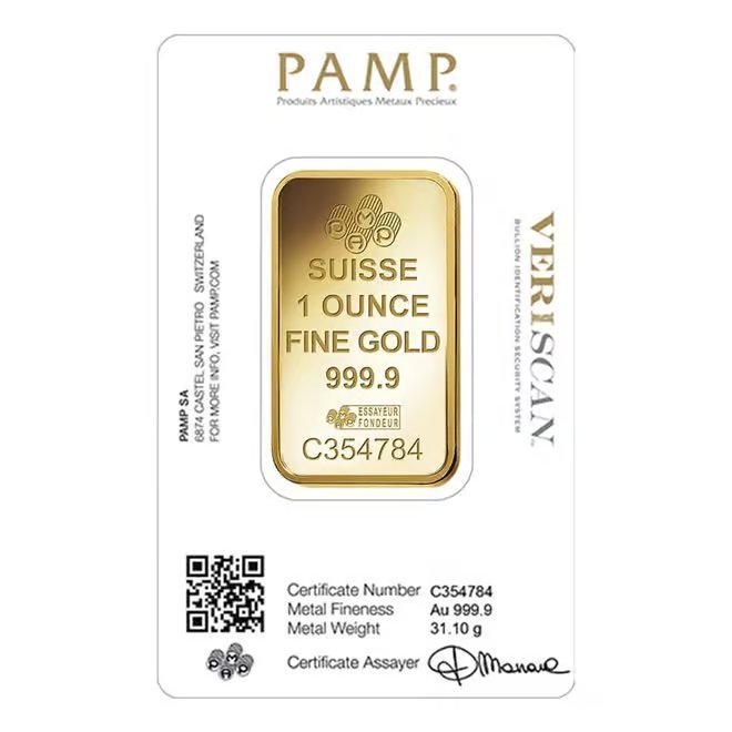 1 oz Gold Bar PAMP Suisse Lady Fortuna Veriscan .9999 Fine (in Assay)