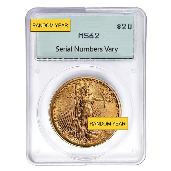 $20 Gold Double Eagle Saint Gaudens PCGS MS 62 Rattler Holder (Random Year)