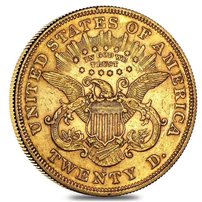 $20 Gold Double Eagle Liberty Head Type II - Extra Fine XF (Random Year, 1866-1876)