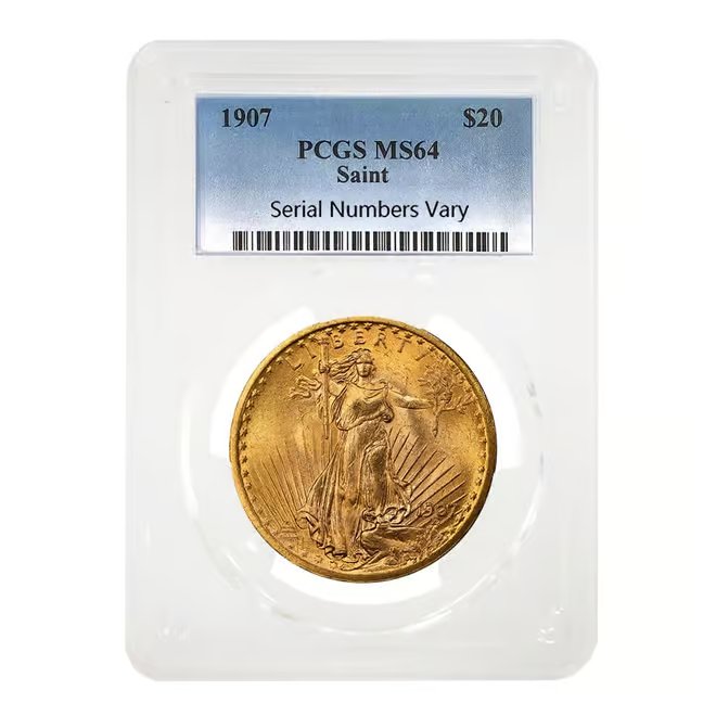 1907 $20 Gold Saint Gaudens Double Eagle Coin PCGS MS 64