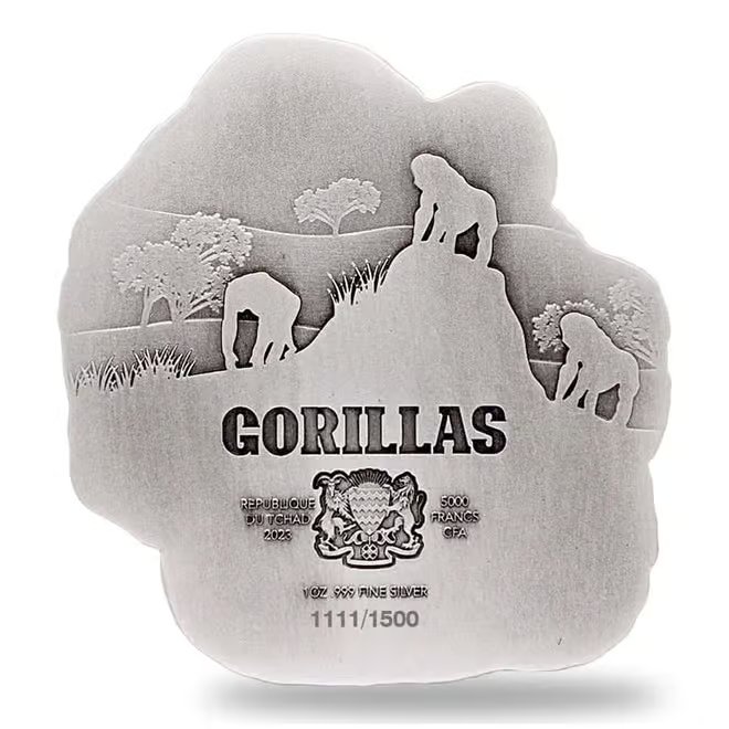 2023 Chad 1 oz Silver Gorilla and Child Shaped Antiqued High Relief Coin .999 Fine (w/Box)