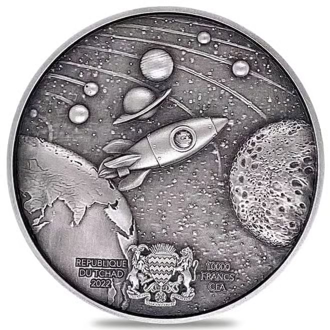 2022 Chad 2 oz Silver Doge on The Moon Antiqued High Relief Coin .999 Fine (w/Box)