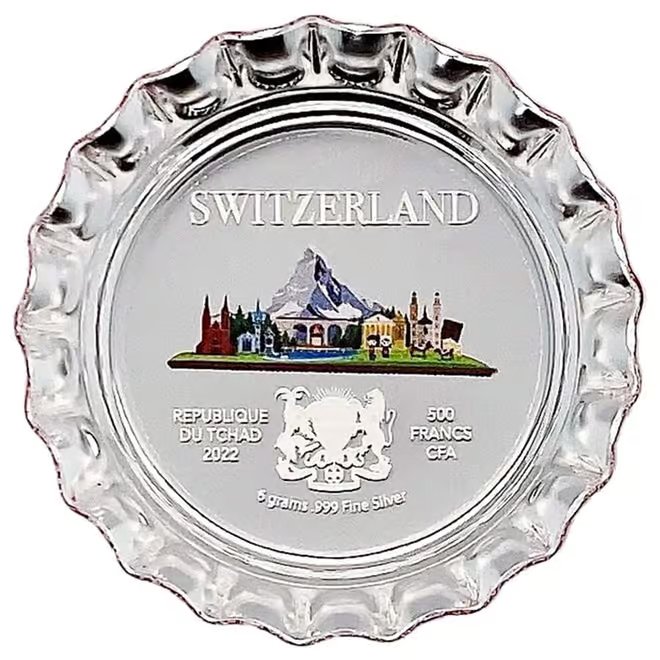 2022 Chad 6 gram World Landmarks - Switzerland Bottle Cap Proof Silver Coin .999 Fine (In Cap)