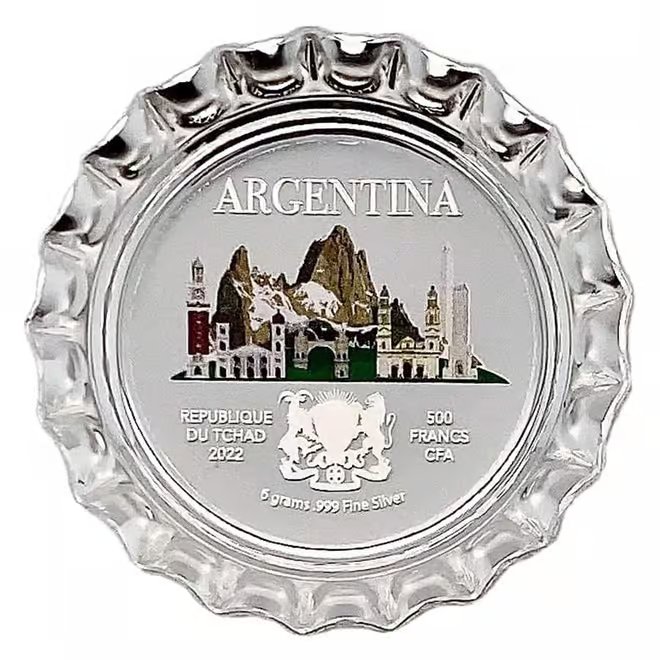 2022 Chad 6 gram World Landmarks - Argentina Bottle Cap Proof Silver Coin .999 Fine (In Cap)