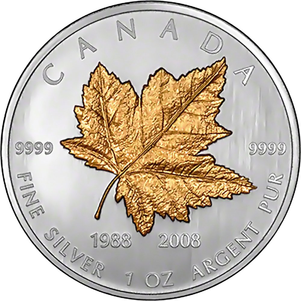 Canada $5 Silver Maple Leaf 20th Anniversary 2008 Gilded