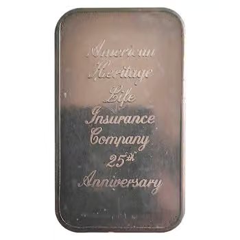 1 oz Johnson Matthey American Heritage Life Insurance Company 25th Ann. Silver Bar .999 Fine
