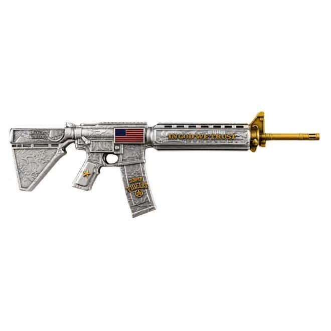 1 oz M16 Style Rifle Shaped Silver .999 Fine Antiqued Finish