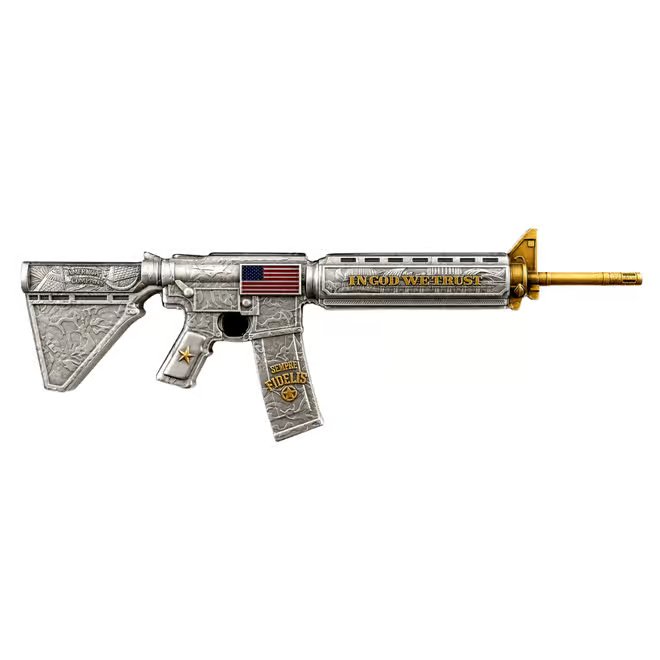2 oz M16 Style Rifle Shaped Silver .999 Fine Antiqued Finish